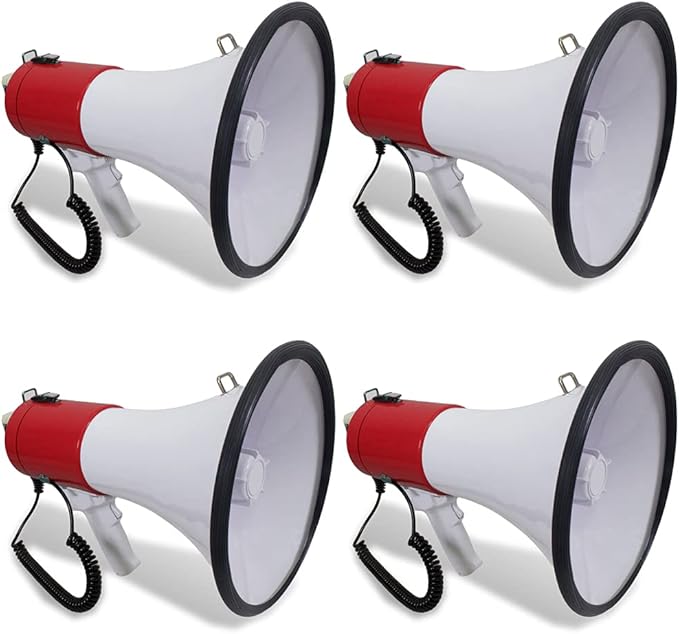 Technical Pro (Qty 4) Portable 75-Watts 800M-1000M Range Megaphone Bullhorn Speaker w/Strap, Siren, & Volume Control, Good for Trainers, Camping, Coaches, Cheer Leaders (Red)