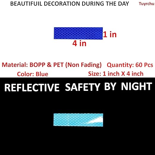 Blue Reflective Stickers 1 inch X 4 inch, Outdoor Waterproof High Visibility Warning Safety Adhesive Reflector Tape (60 Pcs)