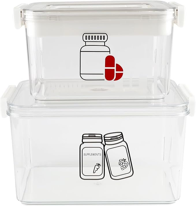 First Aid Box Empty and Vitamin Bottle Organizer Set, Clear Plastic Medical Box with Snap-Off Lid & Handle for Supplements Medicine Storage