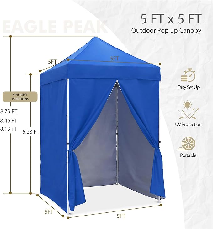 EAGLE PEAK 5x5 Instant Canopy with 4-Side Wall Panels, Small Pop up Portable Canopy Tent with Carry Bag, Light Weight Sun Shelter for Sports, Camping and Beach, Blue