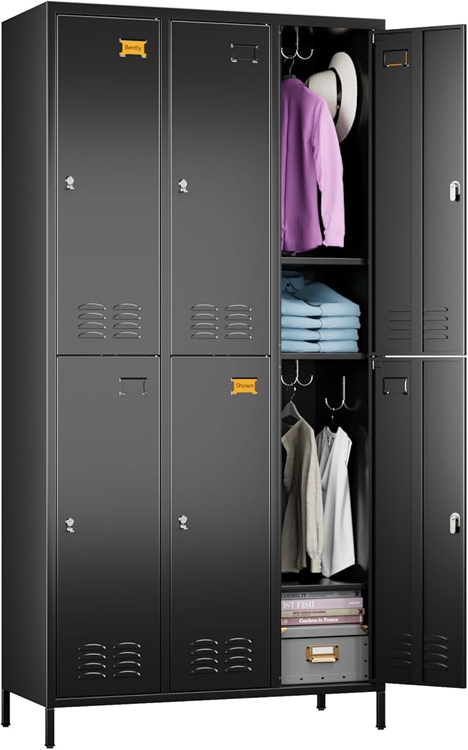 6 Doors Metal Locker for Employees with 18 Hooks and Business Card Holder,Metal Locker with Ventilation Holes for School Garage Office Gym Home,Assembly Required,Black