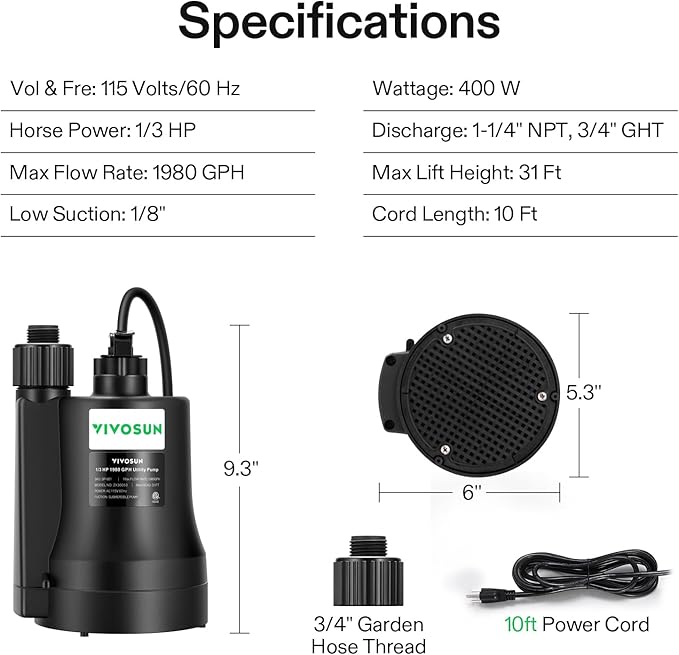 VIVOSUN Submersible Water Pump, 1/3HP 1980GPH Utility Pump, Thermoplastic Sump Pump with 10ft Cable, Compact and Portable, Ideal for Ponds, Basements, Swimming Pools, Hot Tubs Draining