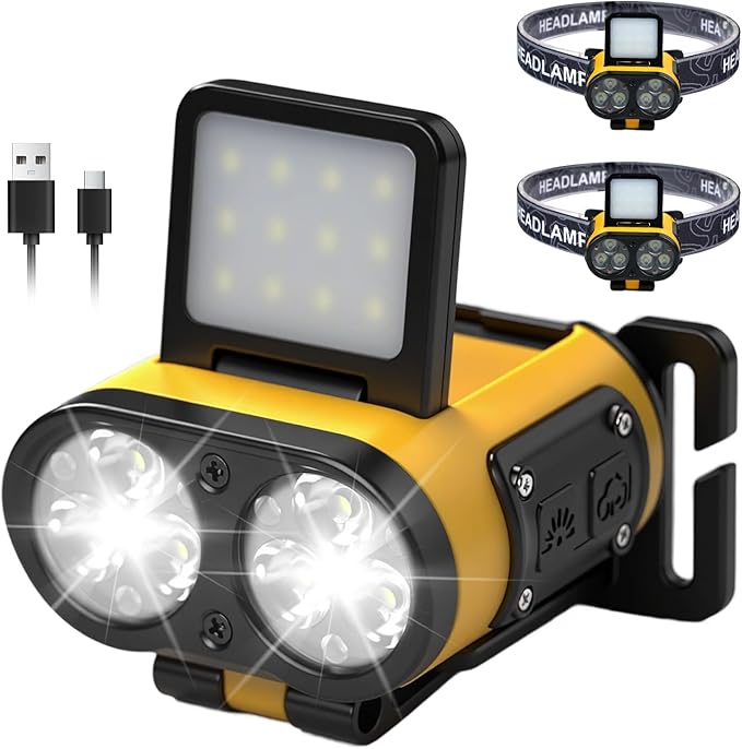 LED Hat Light, 900lm, 2 pcs Dimmable Clip on Cap Lights, Headlamp Rechargeable, 180°Adjustable Hands Free Hat Flashlight Headlamp Waterproof for Hiking, Running, Fishing, Cycling, Emergency (Yellow)