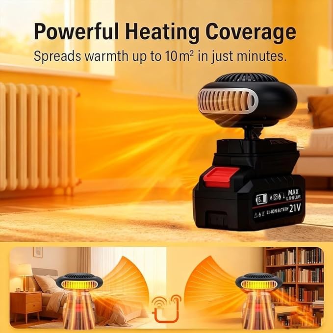 Battery Powered Heater, 2026 New Portable Rechargeable Battery Powered Space Heater Cordless with USB &3900mah Batteries/Anti Tilt Design for Camping/Indoor/Car Defroster (10 Batteries Kit)