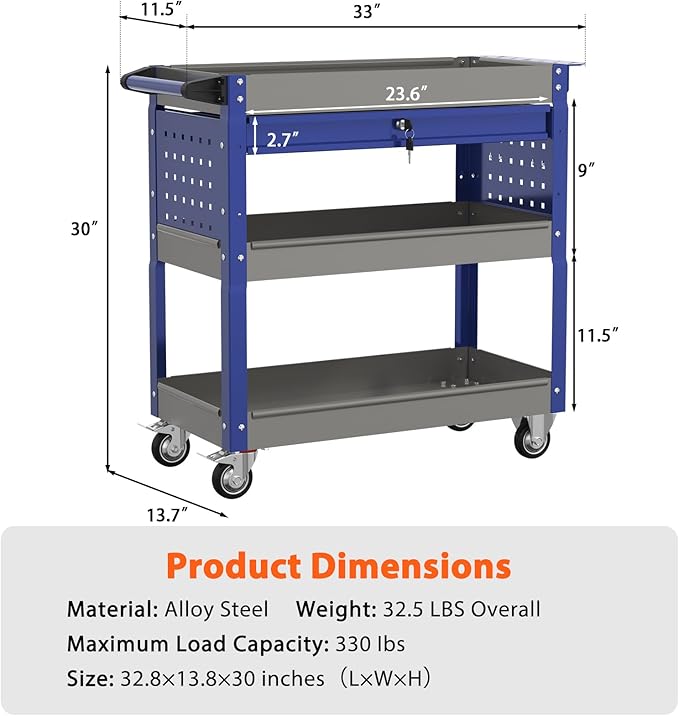 3 Tier Tool Cart with Drawers, Heavy Duty Rolling Utility Cart On Wheels, Large Storage Capability Service Cart for Garage, Warehouse and Tool Room (Gray&Blue)