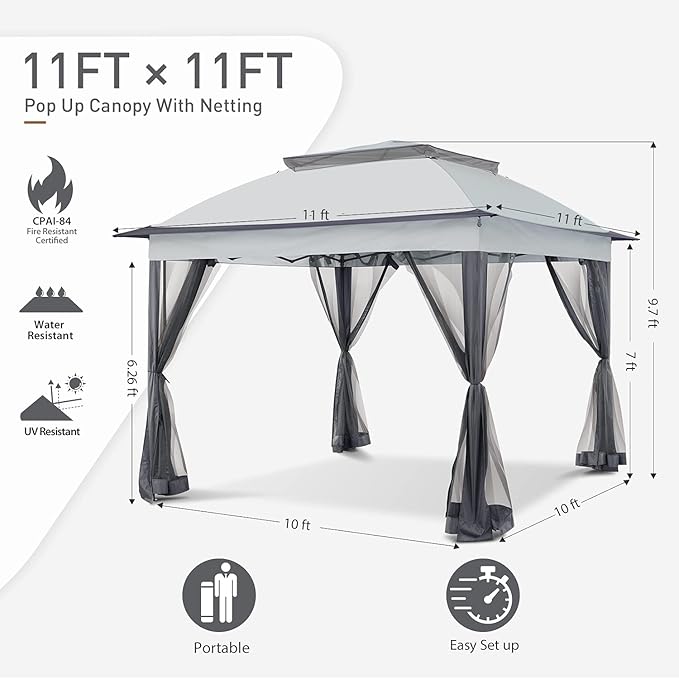 COOS BAY 11x11 Pop-Up Instant Gazebo Tent with Mosquito Netting Outdoor Canopy Shelter with 121 Square Feet of Shade (Gray)