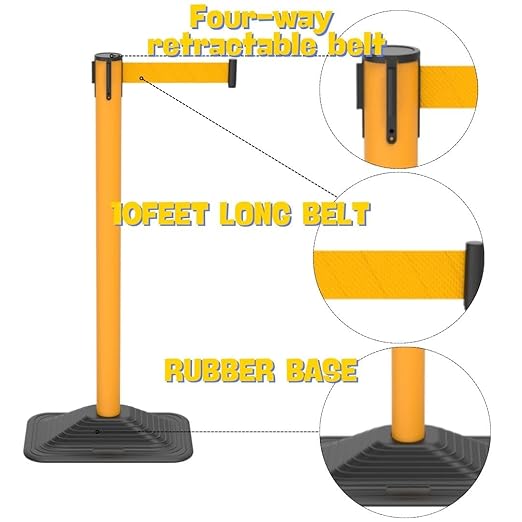 BESEA 4 Pack 36" Black Crowd Control Barriers with 10FT Retractable Belt, Heavy Duty Rectangle Base Stanchions for Queue Management, Event, Hotel, and Airport Use