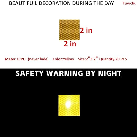 Non Fading Yellow Reflective Stickers 2 inch X 2 inch, Outdoor Waterproof High Visibility Warning Safety Adhesive Reflector Tape (20 Pcs)