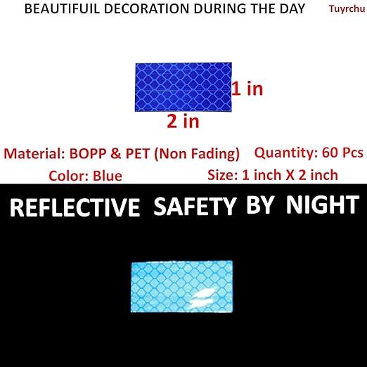 Blue Reflective Stickers 1 inch X 2 inch, Outdoor Waterproof High Visibility Warning Safety Adhesive Reflector Tape (60 Pcs)