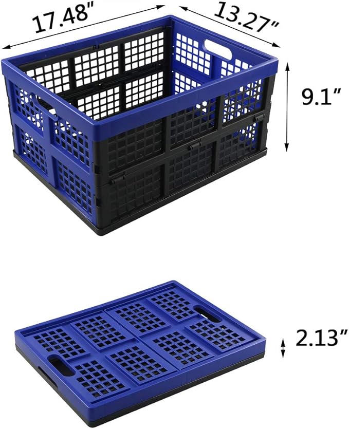 Hespapa 35 Quart Folding Crates, Blue Plastic Collapsible Storage Container Milk Crate Baskets, 2 Pack