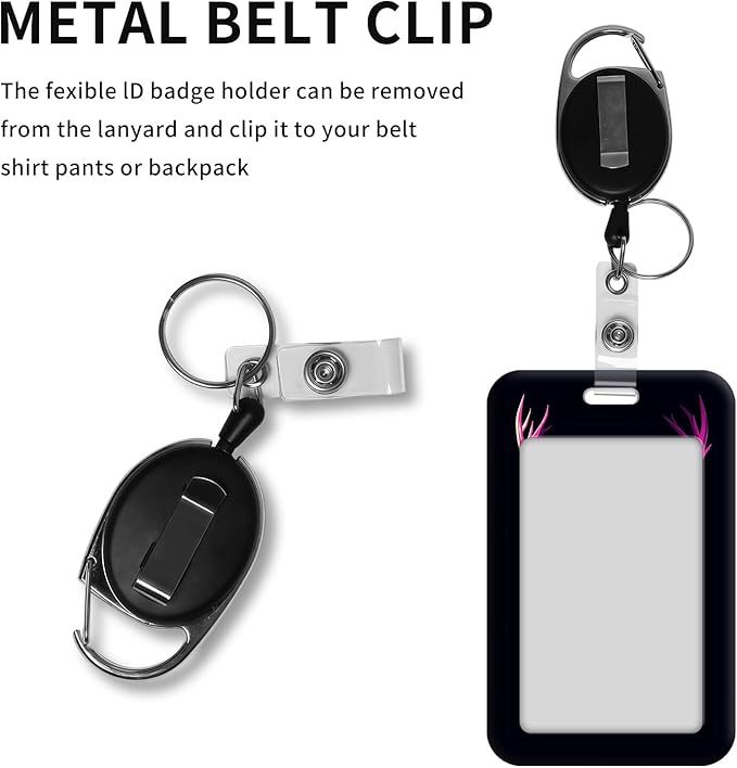 ID Badge Holder with Retractable Lanyard for Women & Men,Vertical ID Card Holder Wallet,Clear Window&Card Slot,Detachable Neck Strap for Nurse Teacher Office,Neon Pink Deer