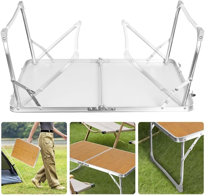KISKIS 2 Fold Ultra Lightweight Folding Camping Tables 2Ft Portable Small Aluminum Outdoor Desk with Carry Handle, 62X42cm(24X17inch) for Picnic Travel,Bamboo Wood Grain