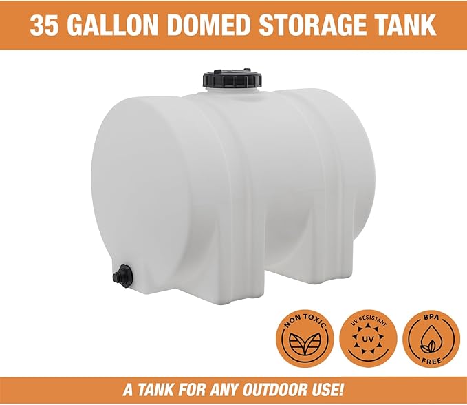 RomoTech 35 Gallon Polyethylene Storage Tank with Legs–Heavy-Duty Horizontal Water Storage Tank for Farms, Industrial or Chemical Use–UV-Resistant, Rustproof, BPA-Free Plastic Liquid Tank, 82126189