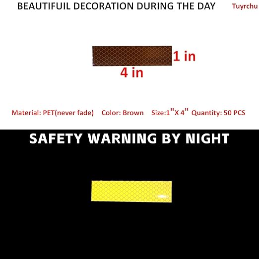 Non Fading Brown Reflective Stickers 1 inch X 4 inch, Outdoor Waterproof High Visibility Warning Safety Adhesive Reflector Tape (50 Pcs)