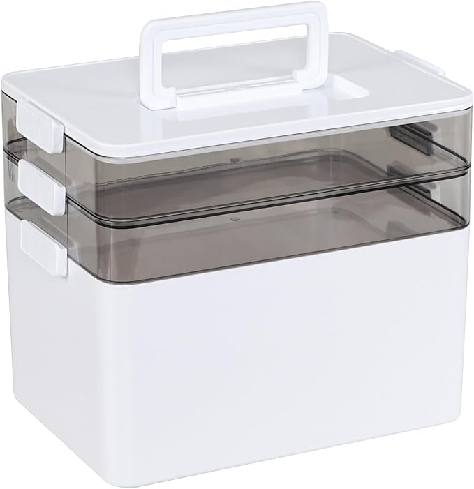 3-Tier Plastic First Aid Box, Large Medicine Storage Box, Emergency Medicine Box, White