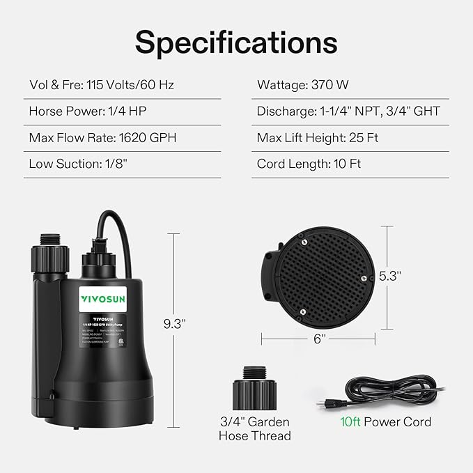 VIVOSUN Submersible Water Pump, 1/4HP 1620GPH Utility Pump, Thermoplastic Sump Pump with 10ft Cable, Compact and Portable, Ideal for Ponds, Basements, Swimming Pools, Hot Tubs Draining
