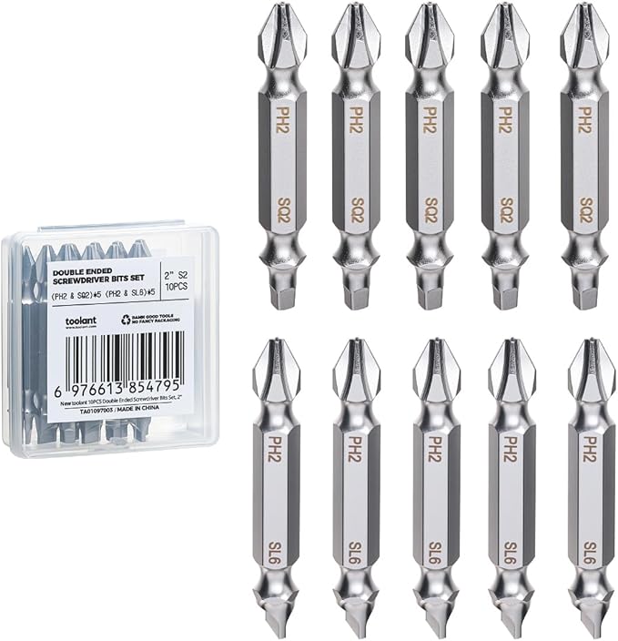 toolant 10pcs Double-Ended Screwdriver Power Bit Set,Mixed Reversible Power Driver Bits,2 Inch Two Sides PH2/SQ2/SL6 Screwdriver Bit Tips With Storage Case