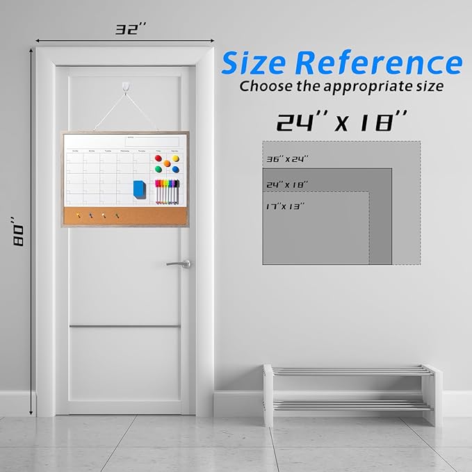 Dry Erase Calendar Whiteboard, 24" x 18" Magnetic Whiteboard Cork Board Combo, Reusable Monthly Planner with 8 Markers, Eraser, Magnets and Pushpins, Hanging Dry Erase Board for Home, School - Gray