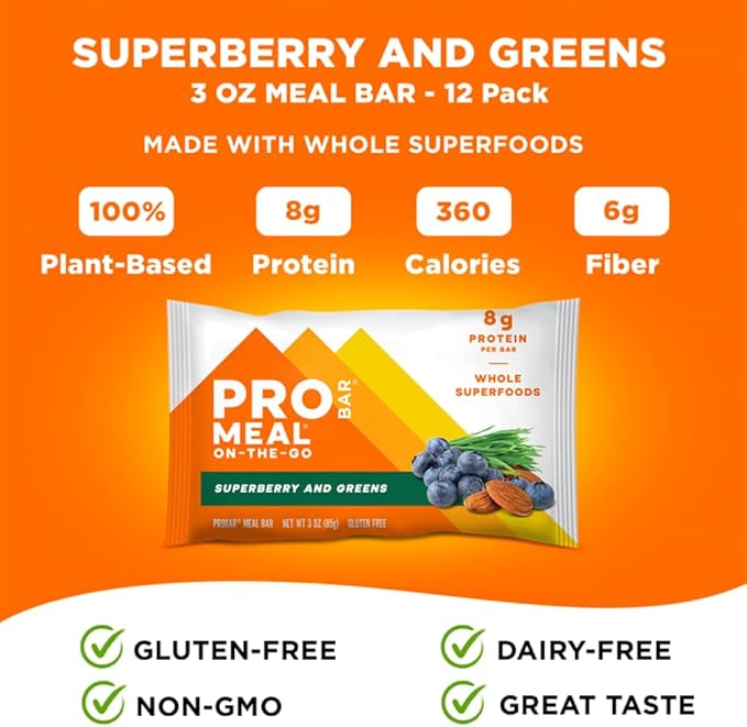 PROBAR - MEAL Bar, Superberry & Greens, Non-GMO, Gluten-Free, Healthy, Plant-Based, Whole-Food Ingredients, Natural Energy (12 Count)