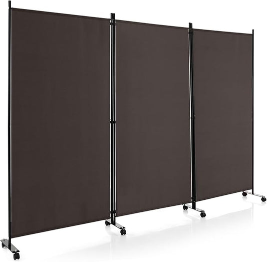 Giantex 3 Panel Room Divider with Wheels, 103''W x 71''H Folding Privacy Screen, Rolling Partition Room Dividers for Home Office Studio, Freestanding Fabric Wall Divider for Room Separation, Brown