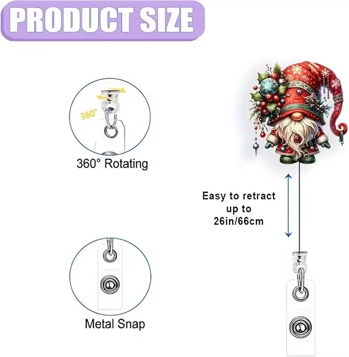 Christmas Gnome Badge Holder Christmas Badge Reel Gnome Holly Nurse Badge Holder with Alligator Clip Cute Cartoon Xmas Badge Reels Retractable ID Name Badge Clips for Nurse Teacher Office Decoration