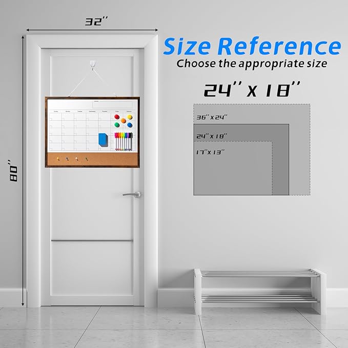 Dry Erase Calendar Whiteboard, 24" x 18" Magnetic Whiteboard Cork Board Combo, Reusable Monthly Planner with 8 Markers, Eraser, Magnets and Pushpins, Hanging Dry Erase Board for Home, School - Brown
