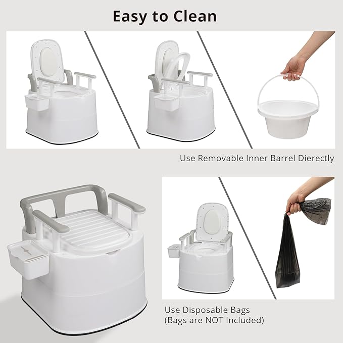 VINGLI Larger Portable Toilet for Adults Camping, Commode Back & Handrail Design, Indoor Outdoor Commode with Inner Bucket for for Adult, RV, Boat, Van, Travel, Emergency Use