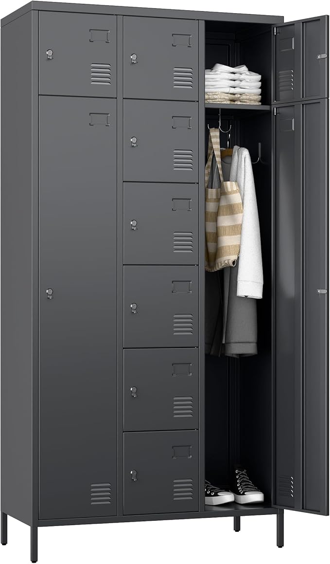 Metal Lockers for Employees with 10 Doors, 72" H Steel Lockable Storage Lockers with 6 Hooks and 10 Card Holder for Office, Home, Gym, School, Employees, Dark Grey
