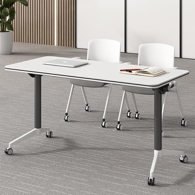 Conference Table, Folding Conference Room Tables with Flip-Top Design, Mobile Rectangular Modular Tables for Office Meetings and Training Sessions (White, 63×21.6×29.5in)
