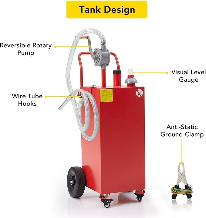 40 Gallon Fuel Caddy with Wheels - Heavy Duty Steel Gas Can with Hand Pump - Portable Fuel Transfer Tank for Gasoline, Diesel, Kerosene - Wide Mouth Design for Construction, Farm, ATV, Generator