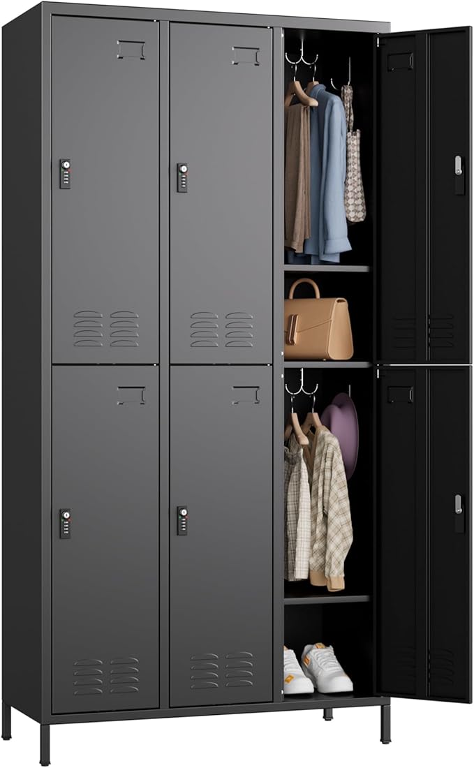 Metal Lockers for Employees with Combination Lock, 6 Doors Storage Locker with 6 Shelves, 18 Hooks and Card Slot for Office Gym School Bedroom, Assembly Required, Black
