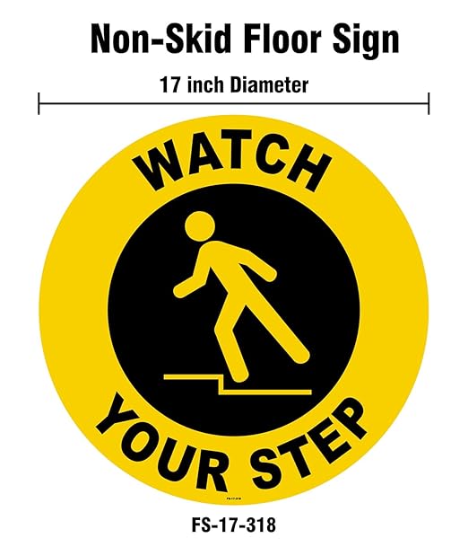 Stranco Floor Signs "WATCH YOUR STEP" Non-Slip Permanent Acrylic Adhesive, 17" Black on Yellow