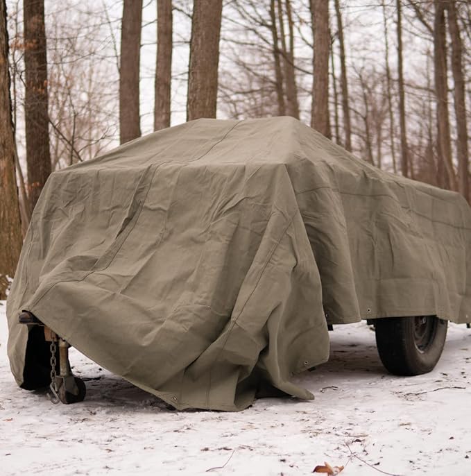 WHITEDUCK 20'x30' Canvas Tarp 18 oz/37 Mil Heavy Duty Waterproof UV Resistant, Rustproof Grommets, Industrial & Commercial Use Cloth Tarp (Finished Size: 19'6"x29'6", Olive)