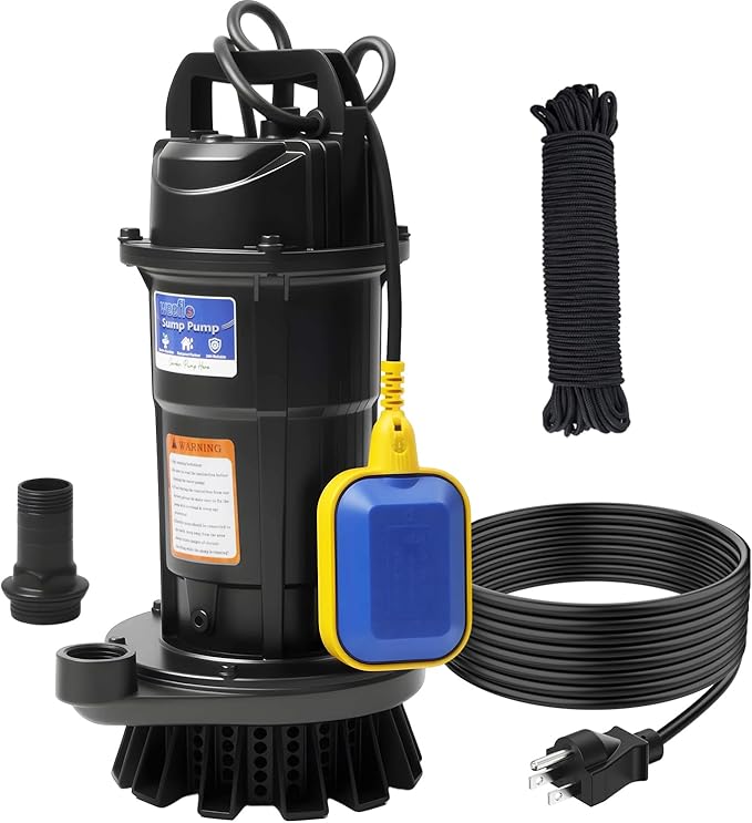 Weeflos 1.6HP Submersible Sump Pump, Automatic ON/OFF, 6300 GPH High Flow, 36ft Max Head, for Dirty Water Removal, Flooded Basement, Swimming Pool Cover, Hot Tubs, Lightweight Aluminum (1HP/36FT)