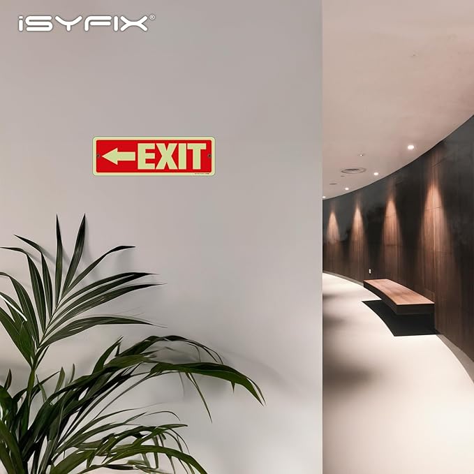 iSYFIX Exit Signs with Directional Left Arrow, Glow in the Dark, Photoluminescent Aluminum 12x4 Inch - 12 Pack, Laminated for UV & Weather Resistance, Ideal for Offices, Schools, Theaters & More