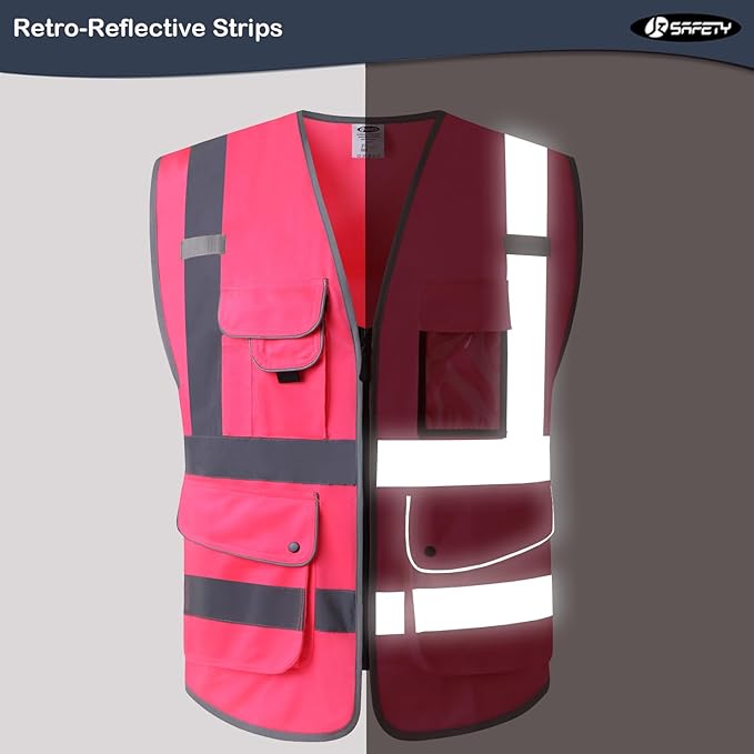 JKSafety 9 Pockets Class 2 High Visibility Zipper Front Safety Vest With Reflective Strips, Meets ANSI/ISEA Standards (Large, 150-Pink)