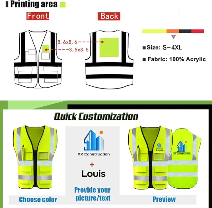 YOWESHOP High Visibility Safety Vest Custom Your Logo Protective Workwear 5 Pockets With Reflective Strips Outdoor Work Vest (L, Yellow Green Luminous)