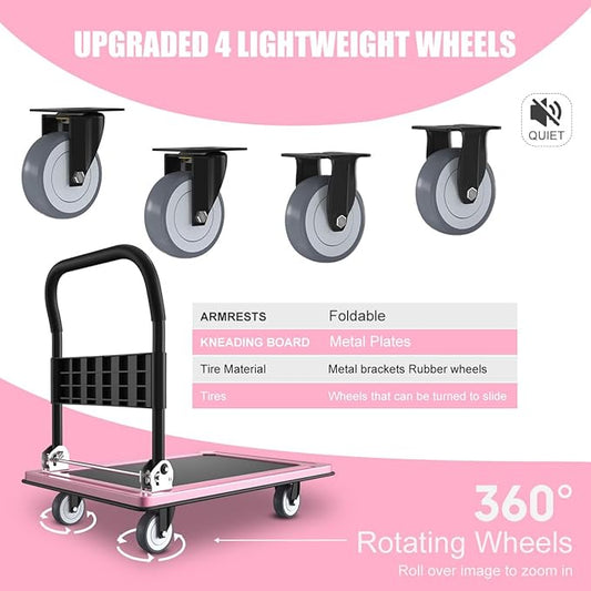 WUD Push Cart, Folding Mobile Platform Trolley,Thickened and Reinforced, 360° Swivel Wheels,35.4 “L x 23.6 ”W, 1100 lb. Pink Dolly cart with Wheels (Pink, Large)