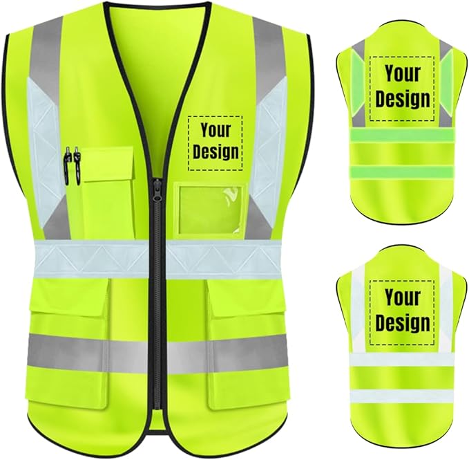 YOWESHOP High Visibility Safety Vest Custom Your Logo Protective Workwear 5 Pockets With Reflective Strips Outdoor Work Vest (L, Yellow Luminous)