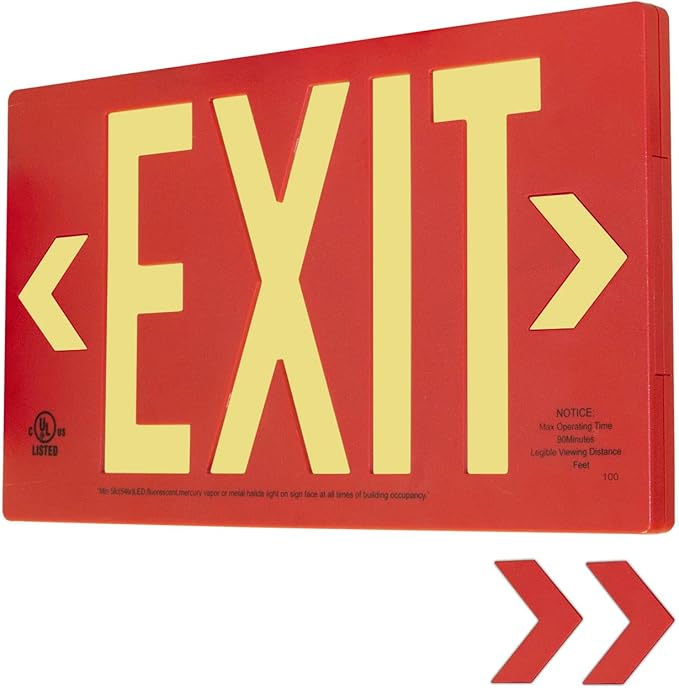 LFI Lights® UL 924 Listed 50’ Photoluminescent Exit Sign, Red Thermoplastic Housing, Double Sided, Wall, Ceiling or Side Mount, Optional Arrows, Glow in the Dark, No Power or Battery Needed, PA3R50D