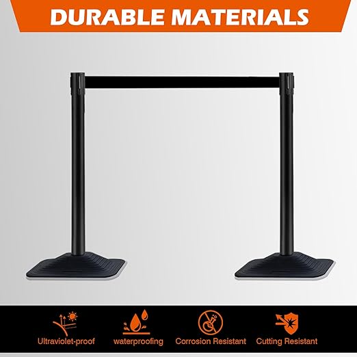 4 Pack Crowd Control Stanchion Set, Black Posts with 10FT Retractable Belt, Space-Saving Rectangular Heavy Base, Queue Barrier for Events & Traffic Management