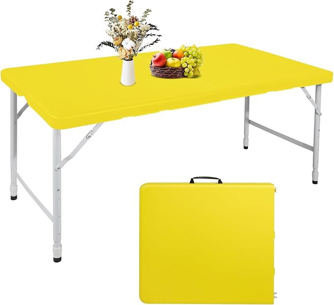 Portable 4Ft Adjustable Height Plastic Folding Table, Heavy Duty Fold-in-Half Table with Carrying Handle, Small Utility Foldable Table for Picnic Party Camping BBQ, Indoor/Outdoor (Yellow)