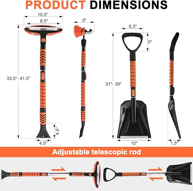Car Snow Brush Snow Shovel Kit, 42'' Extendable Ice Scrapers and Snow Brushes for Car Windshield with Foam Grip 180° Pivoting Brush Head Snow Scraper, 39'' Extendable Emergency Snow Shovel for Car