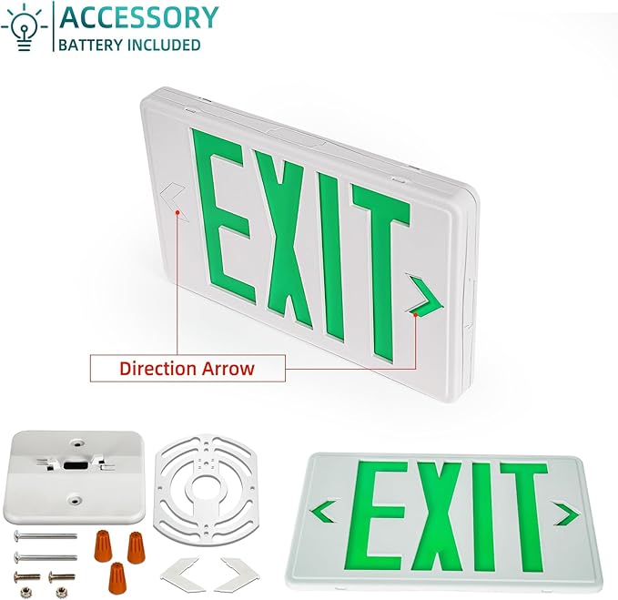 Green Exit Sign, LED Emergency Exit Sign with Battery Backup, Commercial Emergency Exit Light Combo for Business, 2 Adjustable Heads,120V/277V AC, UL-Listed, 2 Pack