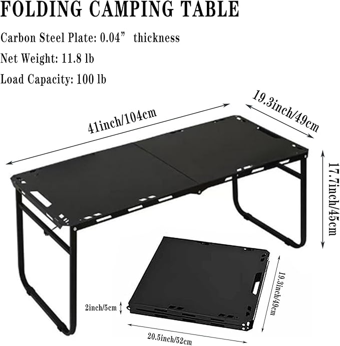 SoloWilder Foldable Camping Table with Gas Struts 3'5" Carbon Steel Large Outdoor Portable Table 11.8lb for Hiking, BBQ, Picnic