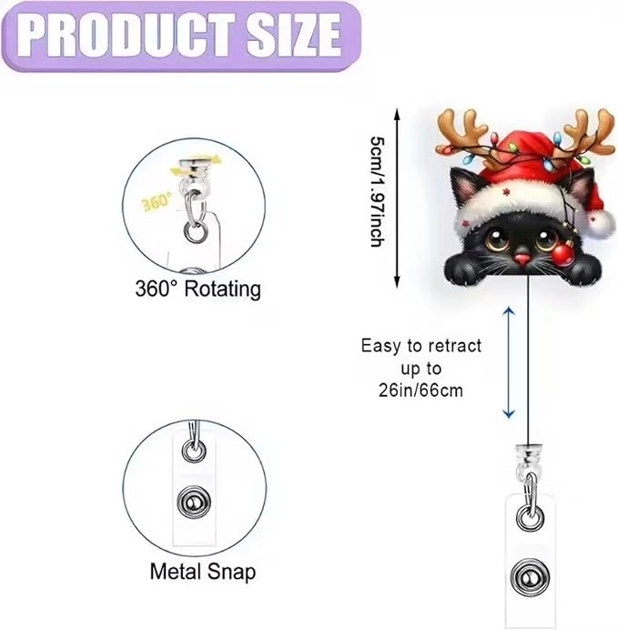 Black Cat Badge Holder Christmas Badge Reel Retractable Badge with Alligator Clip Cute Cat Light Strings Antlers ID Badge Holder Xmas Acrylic Badge Clips for Nurses Nursing Students Teachers Office