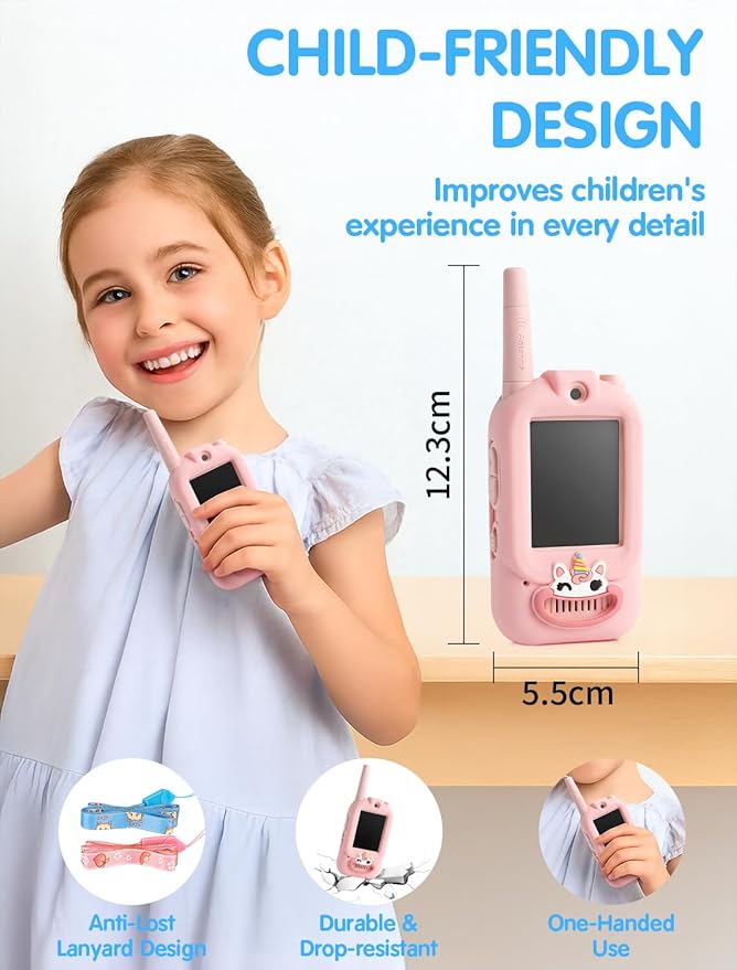 Walkie Talkie for Kids with Video: 2 Pack Rechargeable Toddler Toys with HD Camera & Voice Changer, Long Range Gift Toys for Boy & Girl Age 3-8 for Outdoor Play, Camping (Dinosaur Blue/Unicorn Pink)