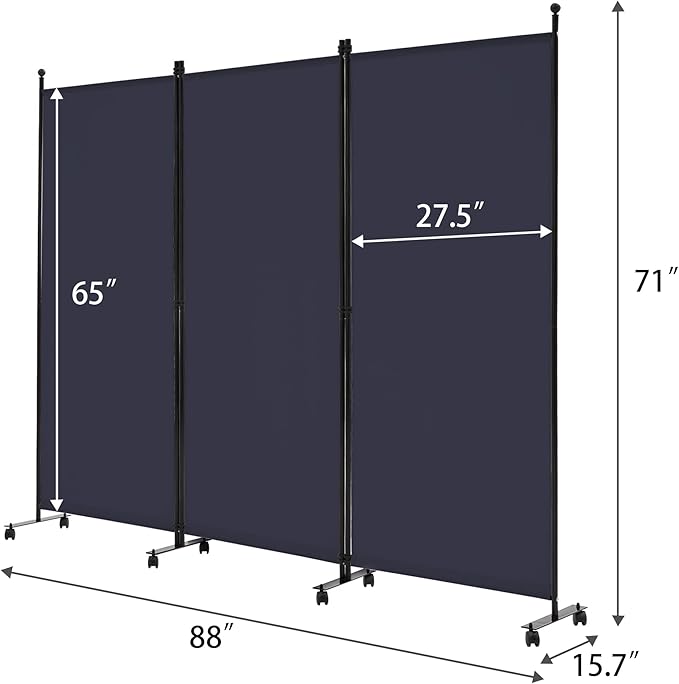 Spurgehom 3 Panel Rolling Room Divider, Folding Partition Privacy Screens, Freestanding Fabric Room Panel, Portable Folding Wall Divider for Office, Room, Restaurant, Hospital (Blue)