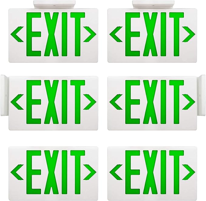 AKT LIGHTING Green LED Exit Sign Emergency Light with Battery Backup, Double Face Hardwired Green Letter Emergency Exit Lighting For, Restaurant, Commercial, Supermarket, UL-Listed, 120-277V, Pack of 6