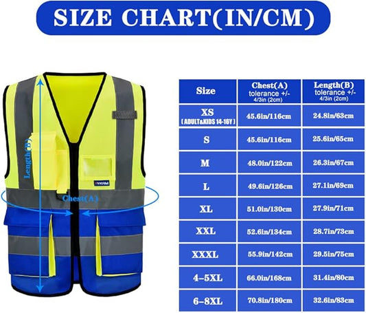 4XL 5XL Yellow Blue High Visibility REFLECTIVE WORK Safety Vest with zipper Reflective Strips 7 Pockets